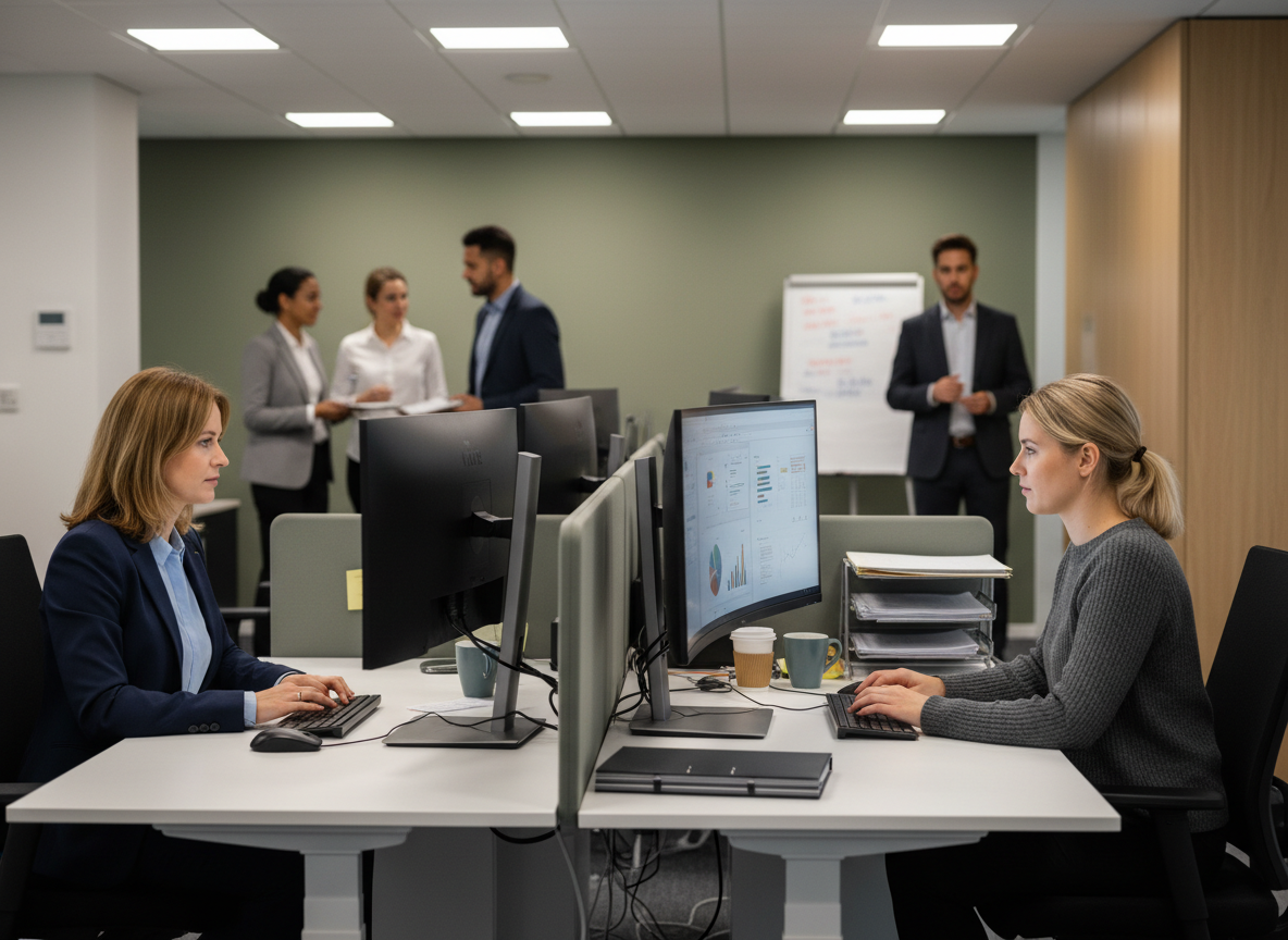 Two European women working at separate professional desks in a modern office, focused on their computers, no window view, professional and collaborative atmosphere